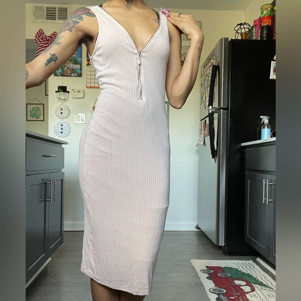 Below the Knee Beige / Cream Zipper Dress
